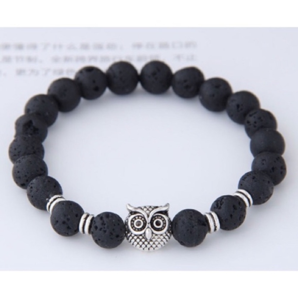 Silver owl & black lava beads bracelet